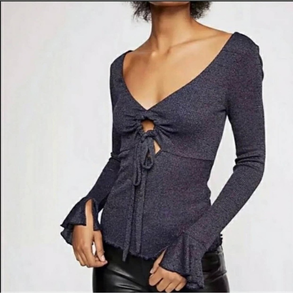Free People Say When Shiny Metallic Blue Gold Shimmer Bell Sleeve Front Tie Knot